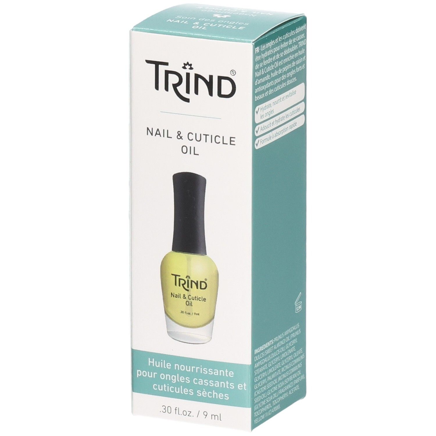 Trind Nagel- und Nagelhautöl in einer Schachtel. Flasche mit gelber Flüssigkeit und schwarzem Deckel. Text: Nail & Cuticle Oil.