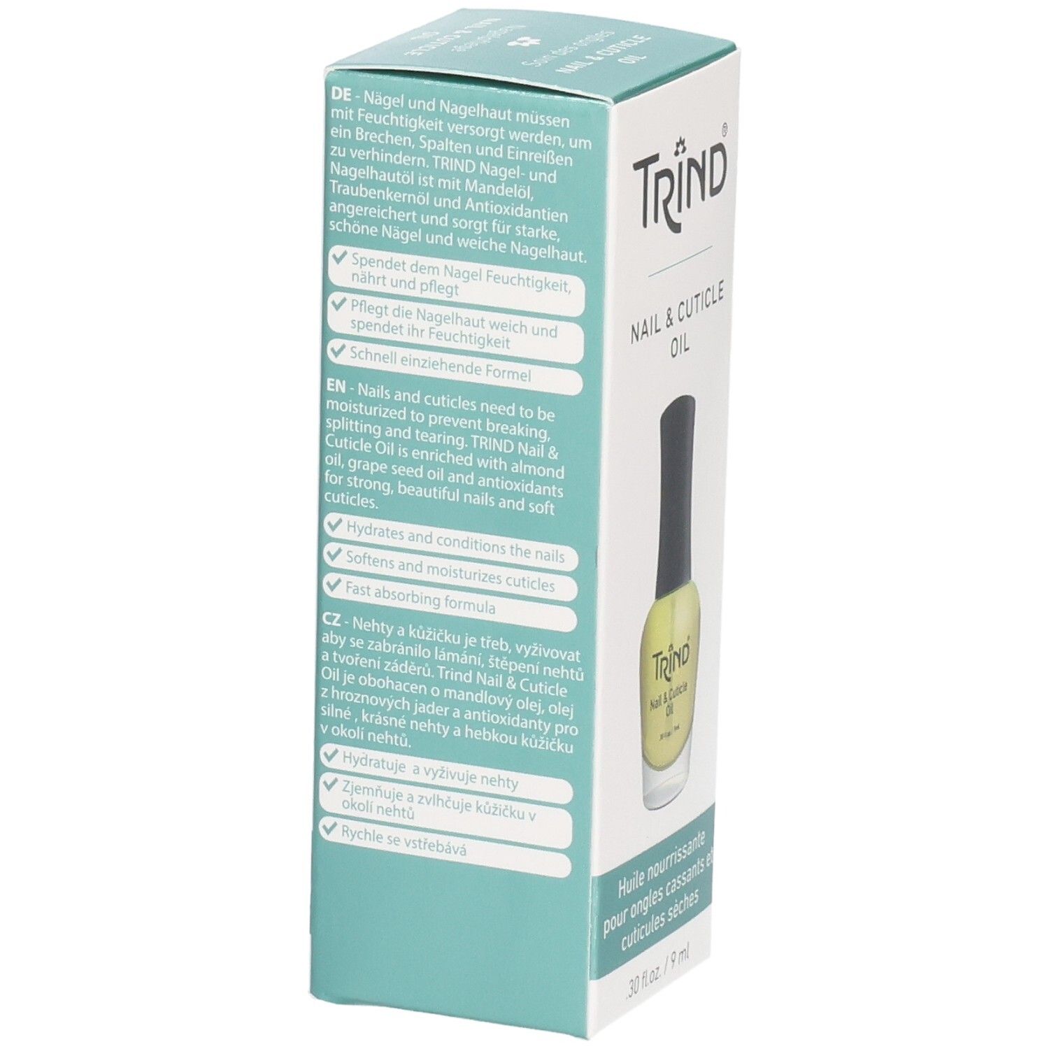 Seite der Trind Nagel- und Nagelhautöl-Verpackung. Text in mehreren Sprachen, darunter Produktinformationen.