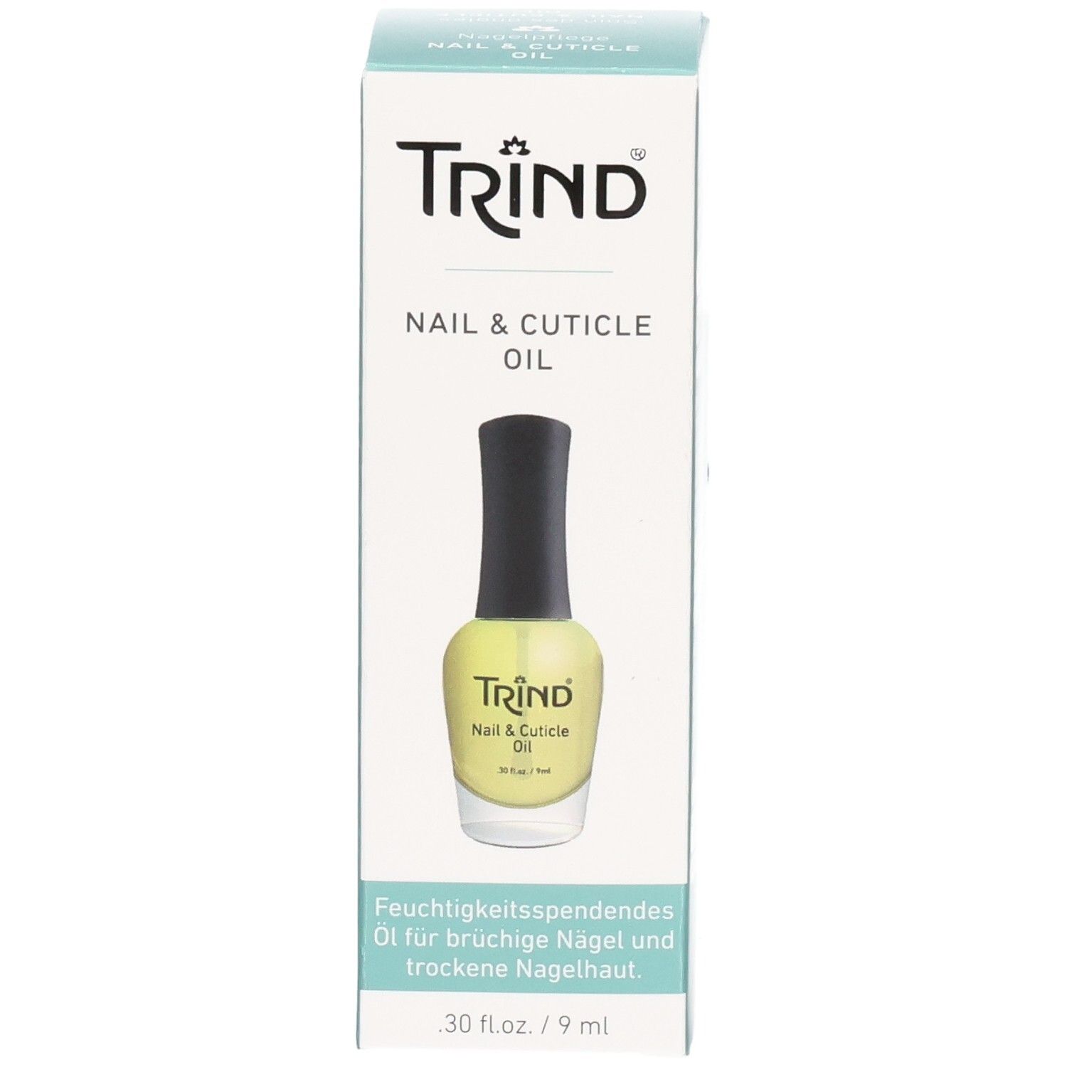 Trind Nagel- und Nagelhautöl in einer Schachtel. Flasche mit gelber Flüssigkeit und schwarzem Deckel. Text: Nail & Cuticle Oil.
