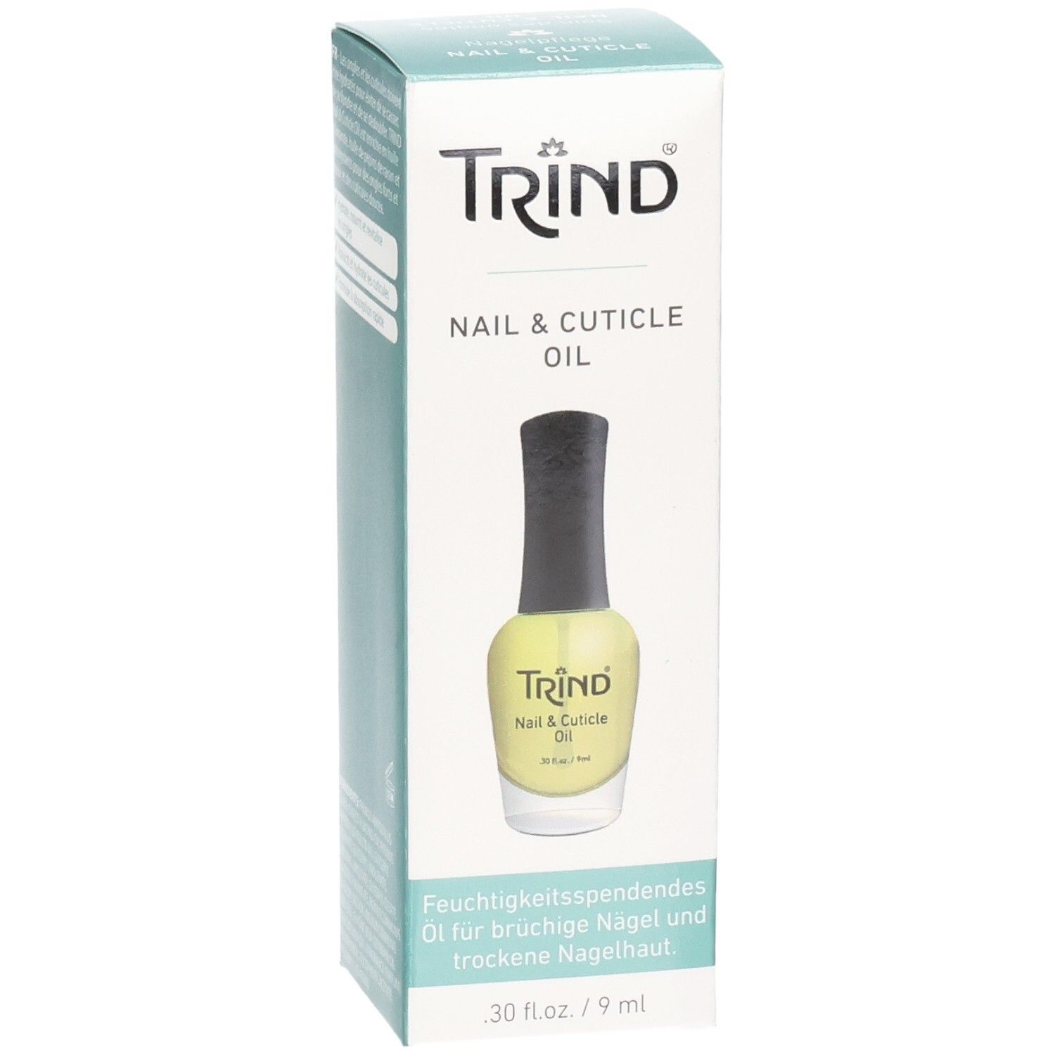 Trind Nagel- und Nagelhautöl in einer Schachtel. Flasche mit gelber Flüssigkeit und schwarzem Deckel. Text: Nail & Cuticle Oil.