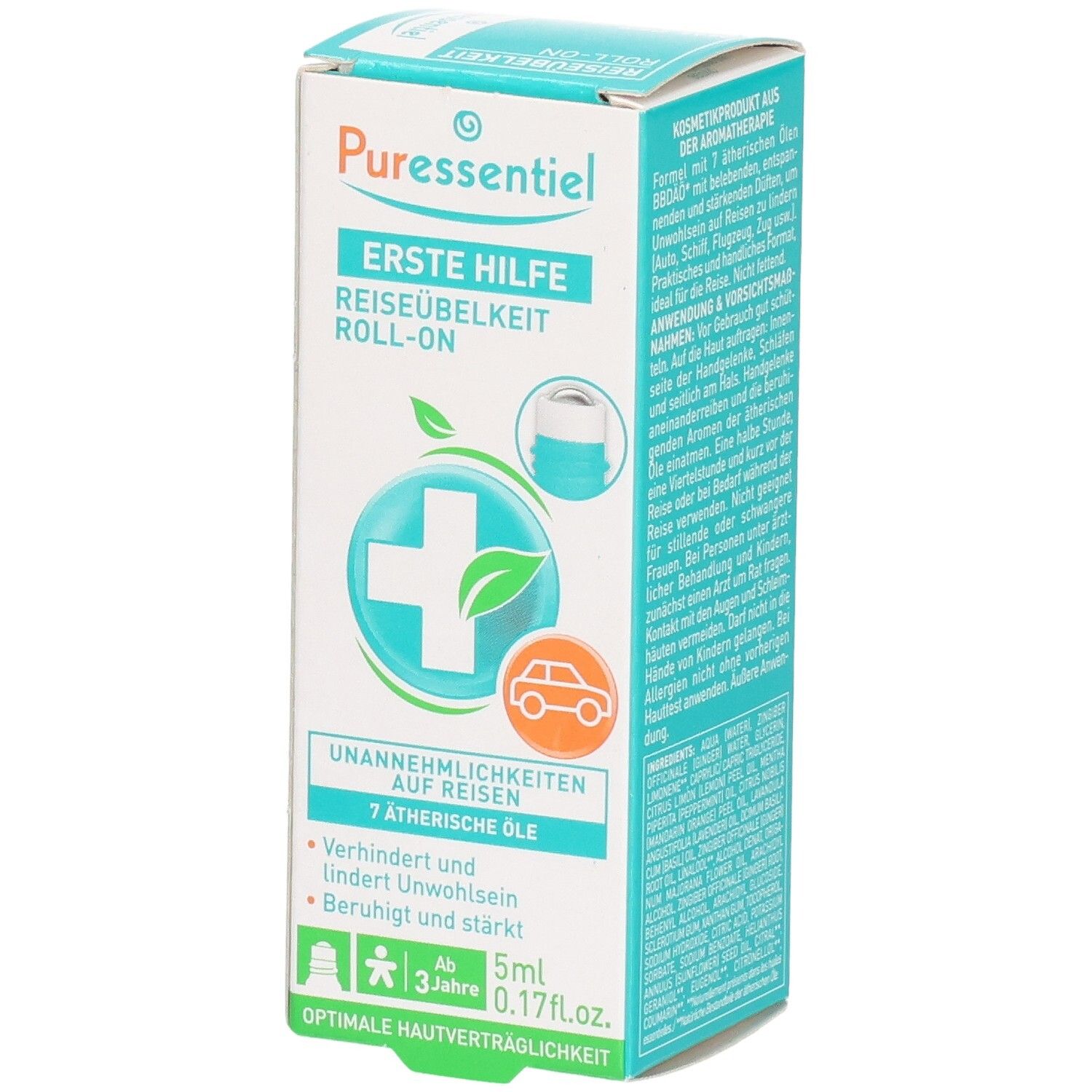 Puressentiel Reiseübelkeit Roll-On mit 7 ätherischen Ölen. 5ml Fläschchen auf Kartonverpackung mit Kreuz- und Autosymbol.
