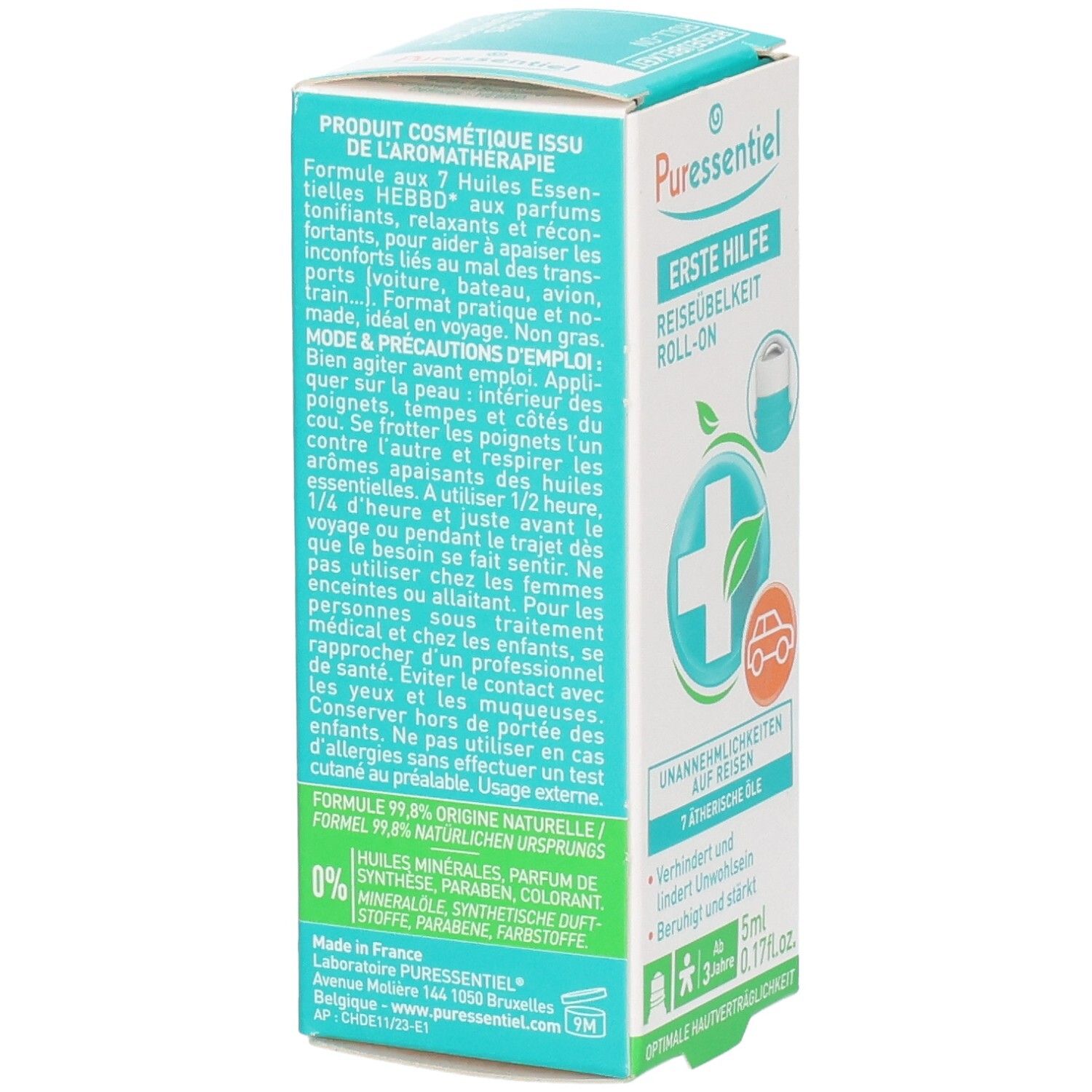 Rückseite der Puressentiel Reiseübelkeit Roll-On Verpackung. Enthält Inhaltsstoffe und Anwendungshinweise. 5ml.