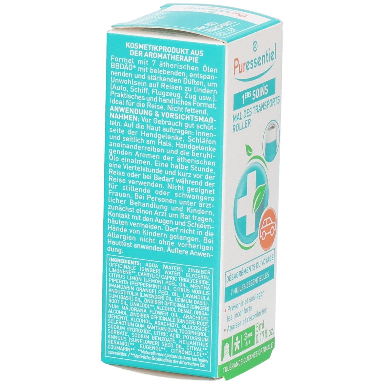 Seitenansicht der Puressentiel Mal des Transports Roller Verpackung. Zeigt Inhaltsstoffe und Anwendungshinweise. 5ml.