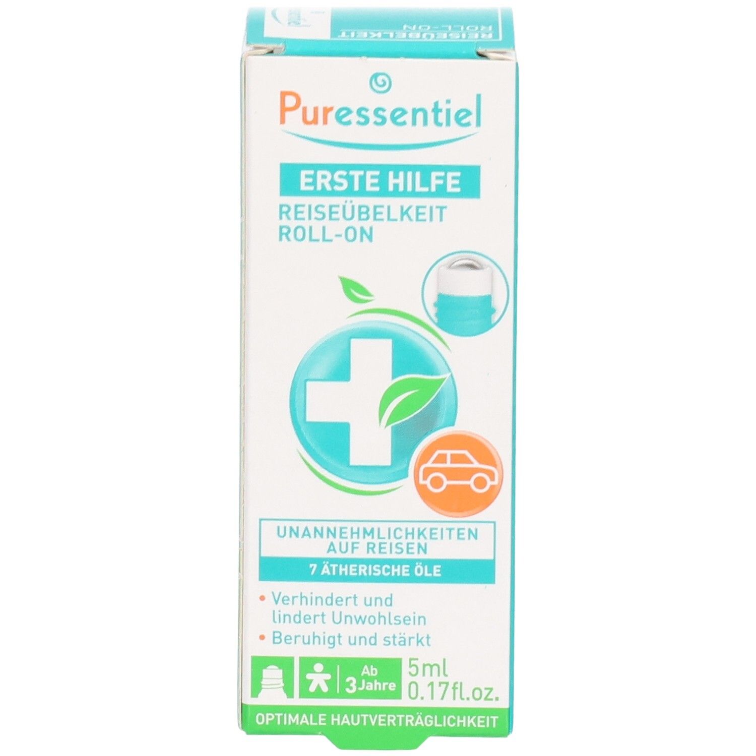 Puressentiel Reiseübelkeit Roll-On Kartonverpackung. Mit Kreuz-Symbol, Blättern und Auto-Symbol. 5ml.