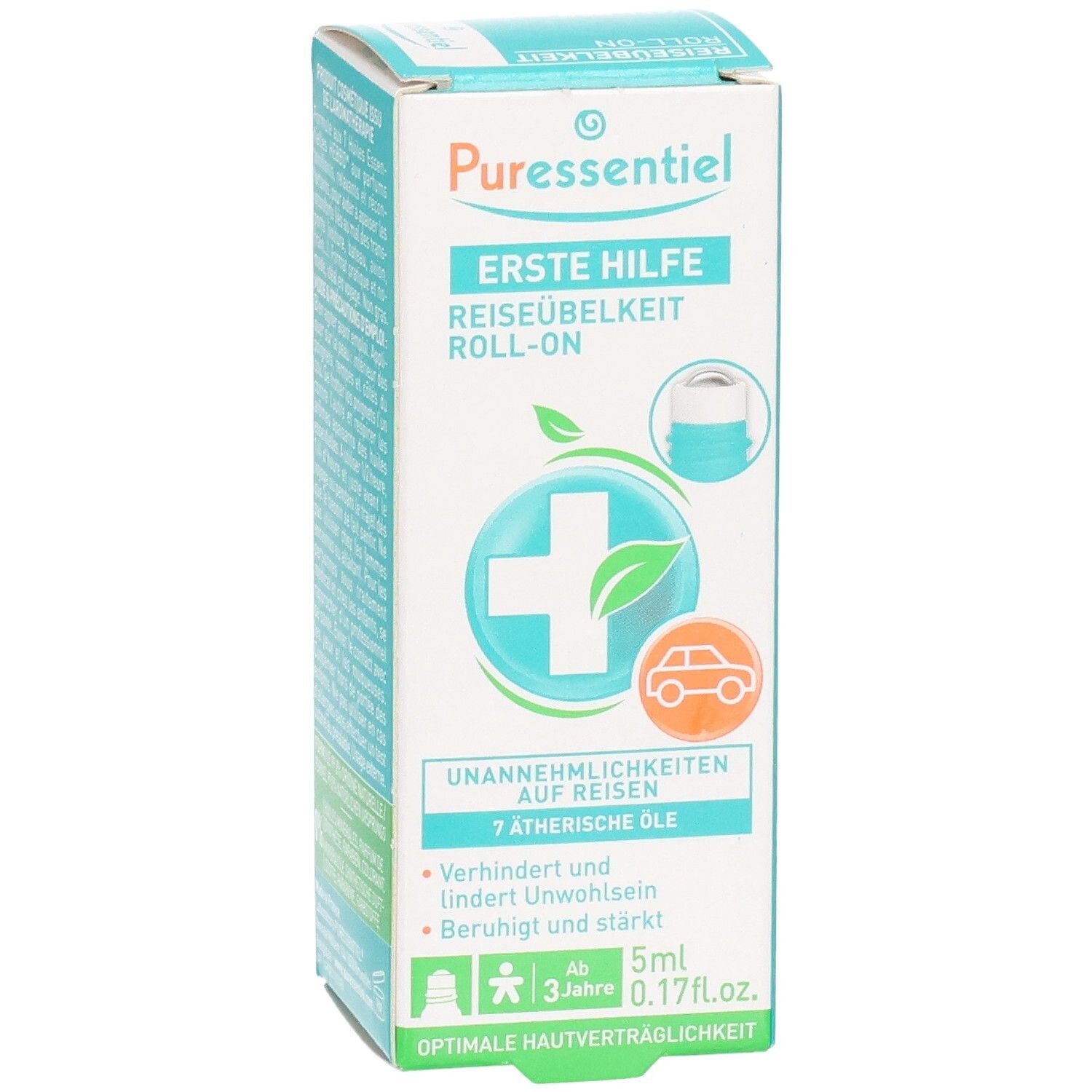 Vorderseite der Puressentiel Reiseübelkeit Roll-On Verpackung. Zeigt Produktinformationen und 5ml Volumen.