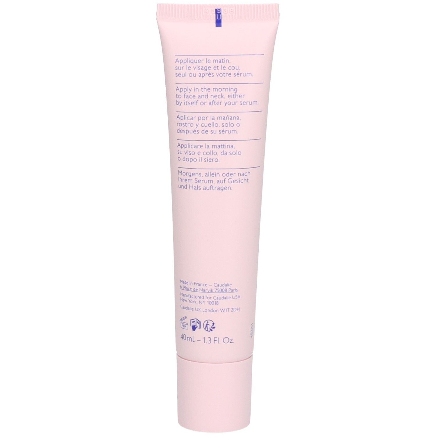 Produktverpackung und Tube. Rosa Tube mit Caudalie-Logo und Produktnamen. Verpackung mit Produktinformationen.