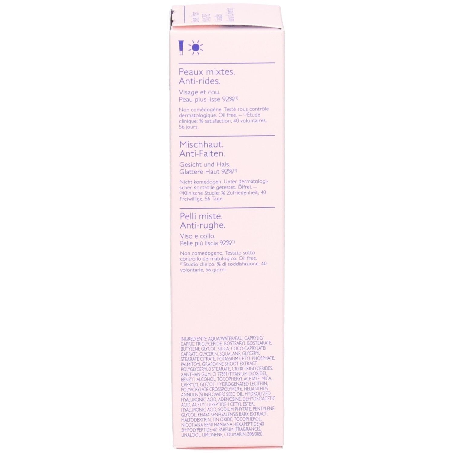 Seite der Produktverpackung. Text in mehreren Sprachen: Vorteile, Inhaltsstoffe, Zertifizierungen.