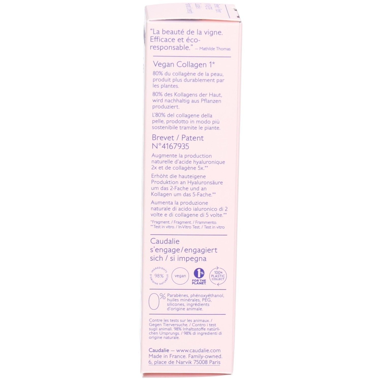 Seite der Produktverpackung. Text in mehreren Sprachen: Vorteile, Inhaltsstoffe, Zertifizierungen.
