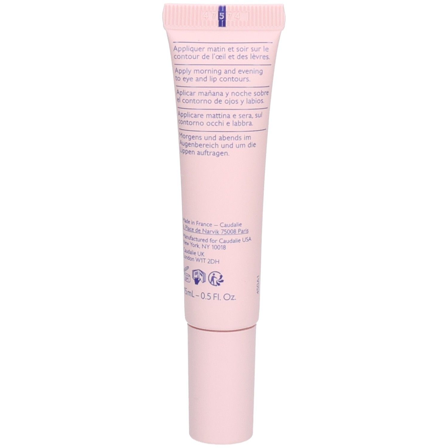 Eine rosa Tube mit einem Applikator, die eine Augen- und Lippenkonturcreme enthält.