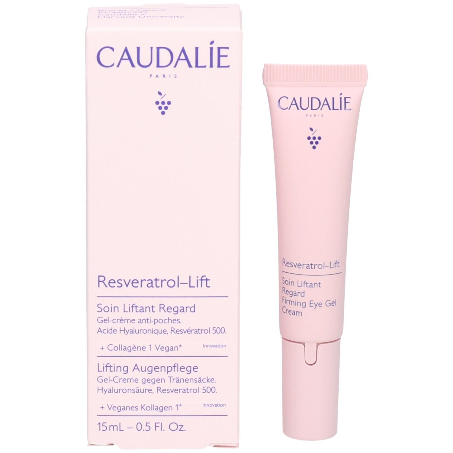 Rosa Schachtel und Tube. Schachtel mit Caudalie, Resveratrol-Lift. Tube: Firming Eye Gel Cream.