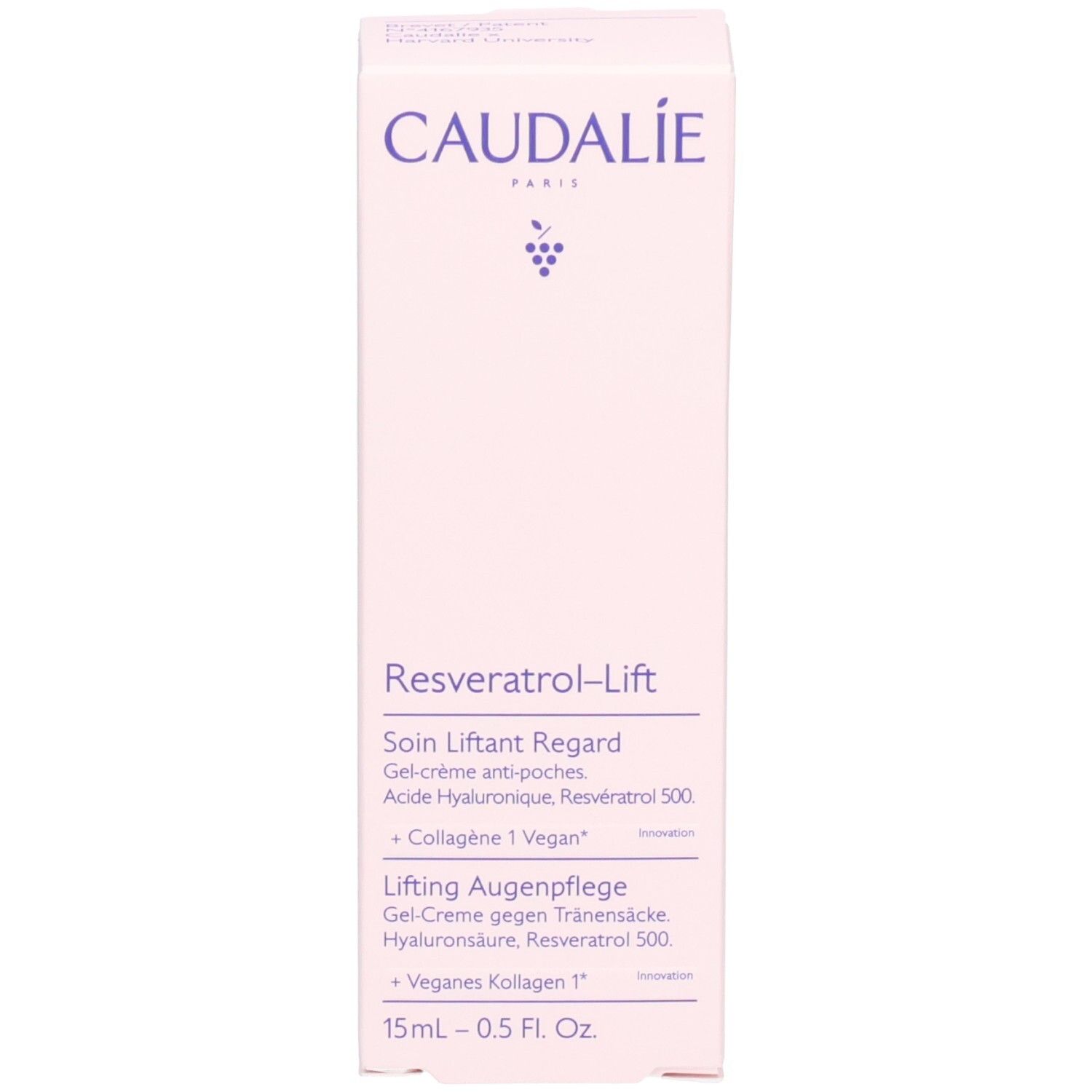 Rosa Schachtel mit weißer Schrift. Enthält Caudalie, Resveratrol-Lift, Lifting Augenpflege.