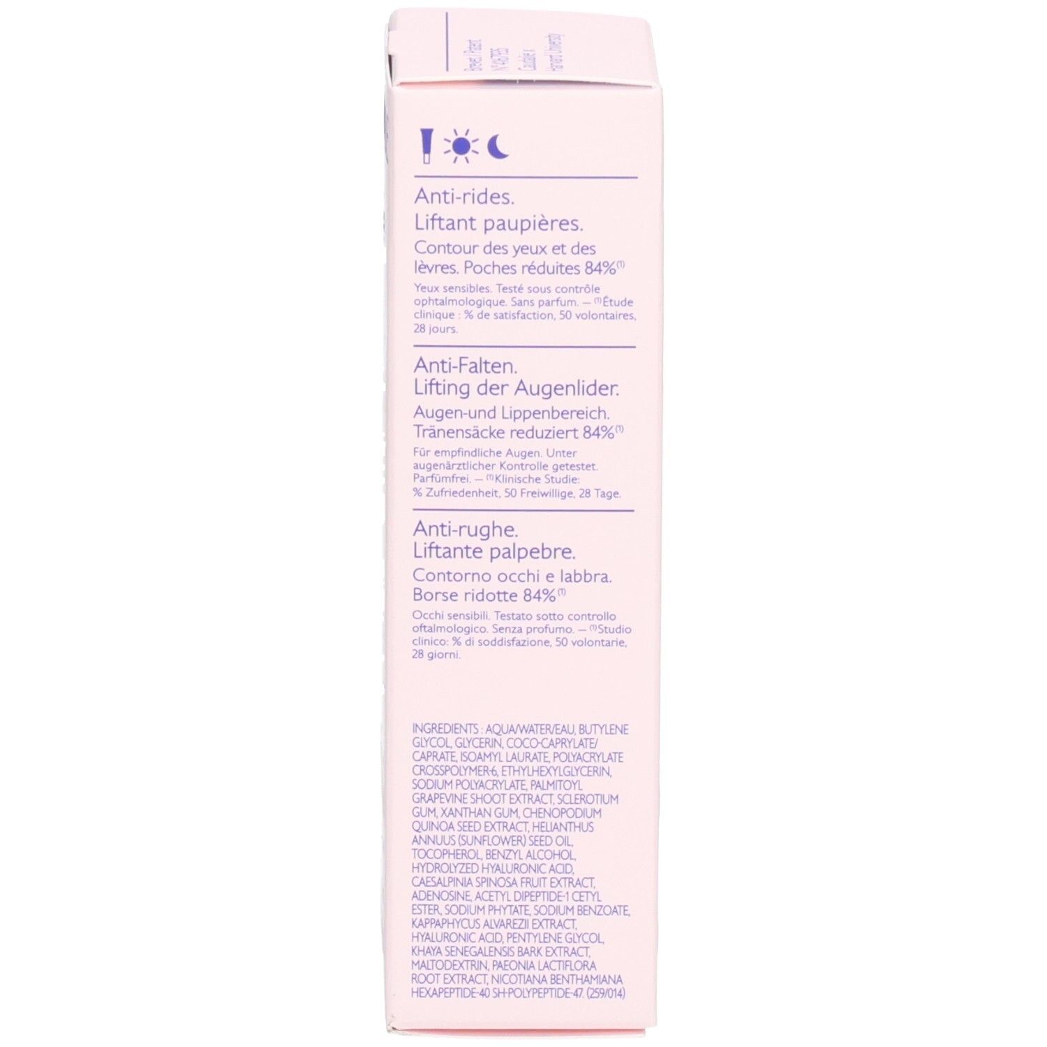 Rosa Schachtel mit weißer Schrift. Enthält Caudalie, Resveratrol-Lift, Lifting Augenpflege. Rückseite mit Text.
