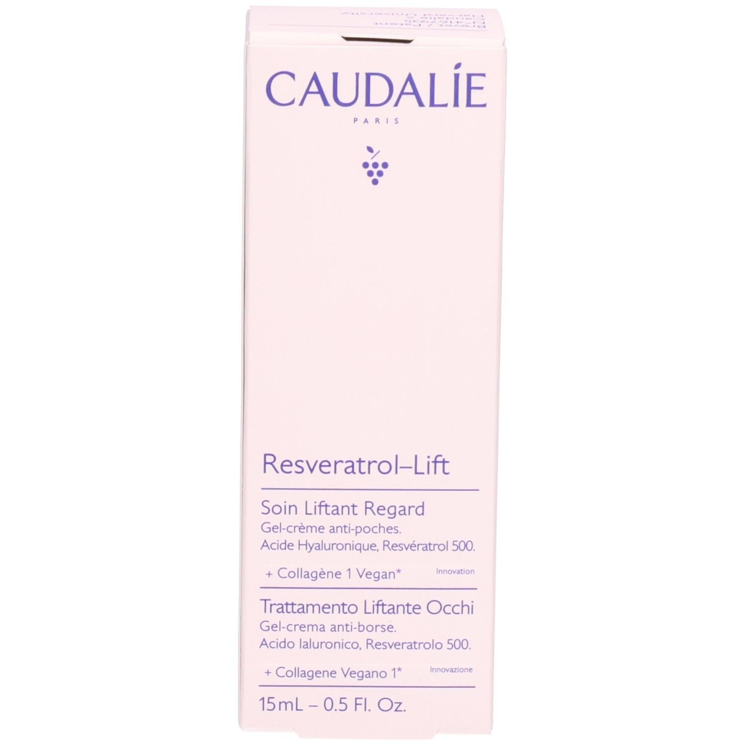 Rosa Schachtel mit weißer Schrift. Enthält Caudalie, Resveratrol-Lift, Lifting Augenpflege. Text.
