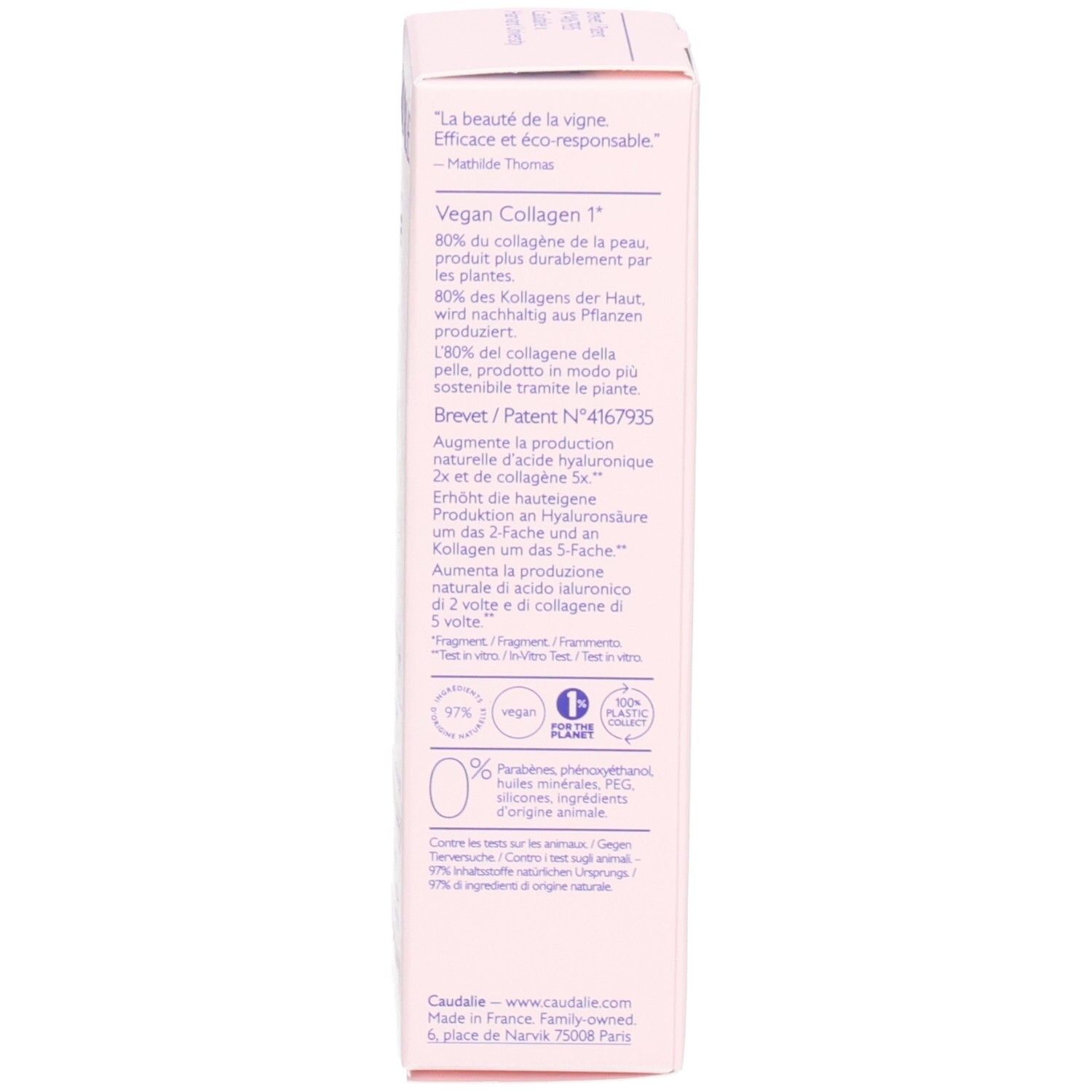 Rosa Schachtel mit weißer Schrift. Enthält Caudalie, Resveratrol-Lift, Lifting Augenpflege. Text.