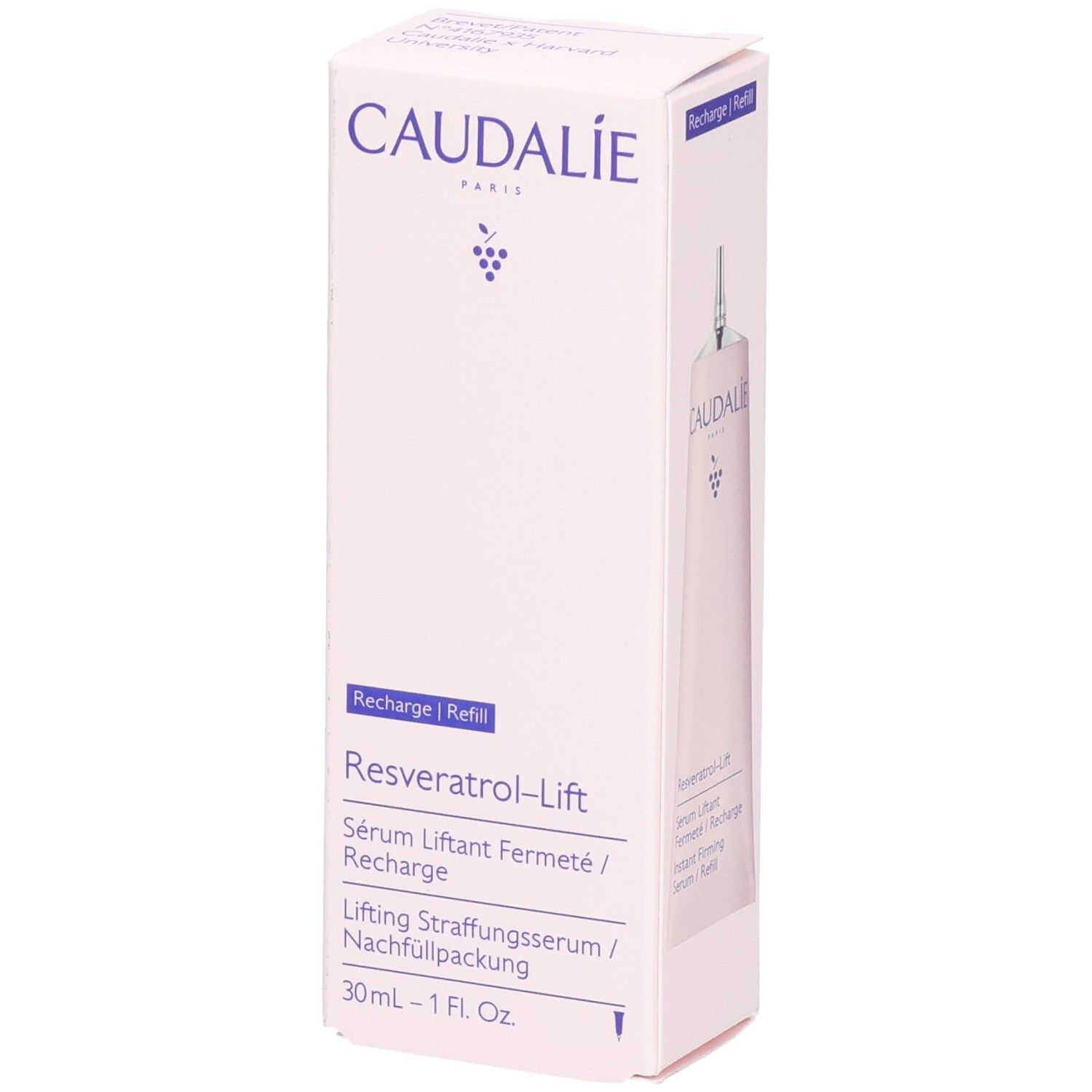 Weiße Verpackung mit CAUDALIE-Logo und Resveratrol-Lift. Enthält eine Tube. Text: Lifting Straffungsserum, 30ml.