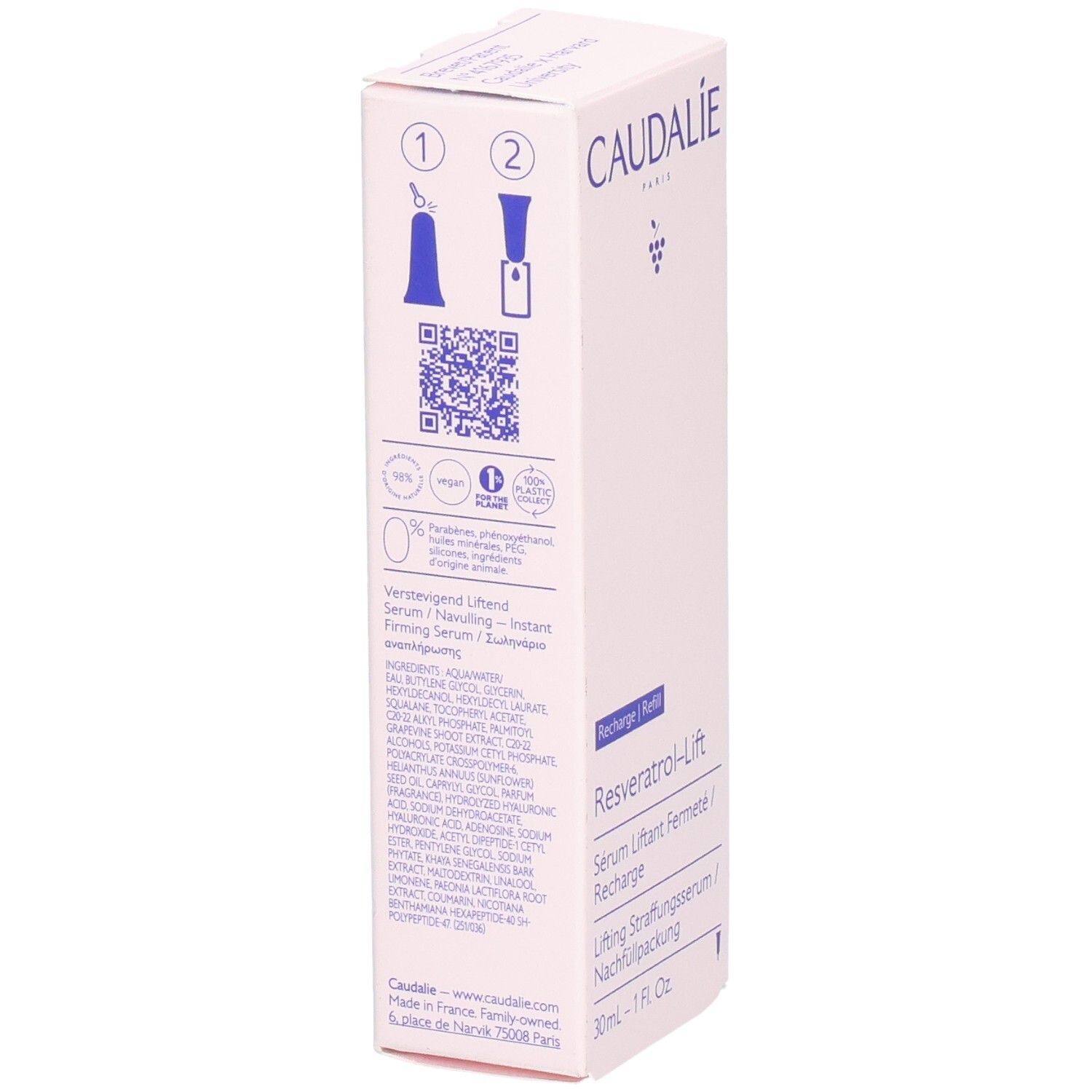 Weiße Verpackung mit CAUDALIE-Logo und Resveratrol-Lift. Text: Sérum Liftant, 30ml. Inhaltsstoffe und Anweisungen.