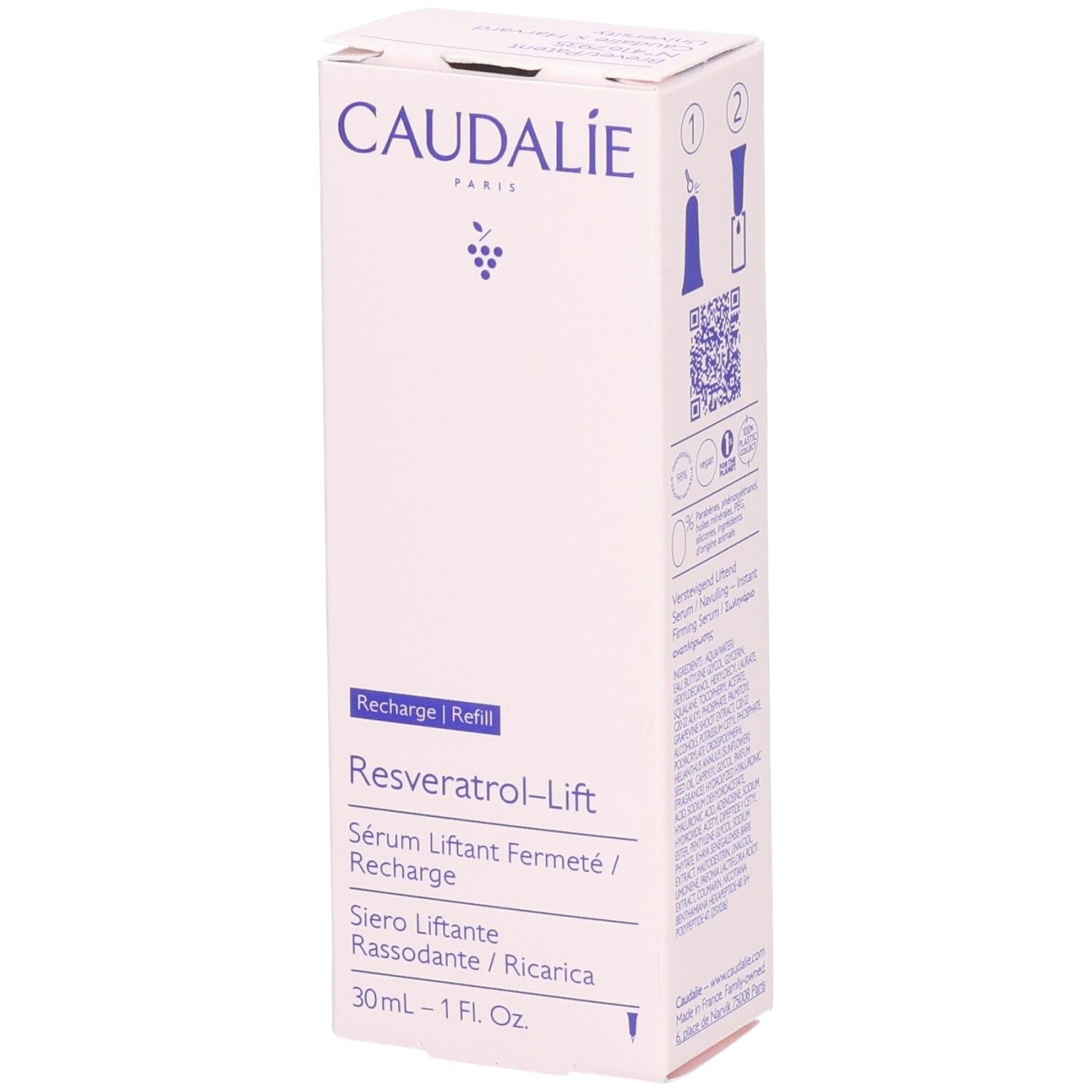 Weiße Verpackung mit CAUDALIE-Logo und Resveratrol-Lift. Text: Sérum Liftant, 30ml. Anweisungen und QR-Code.