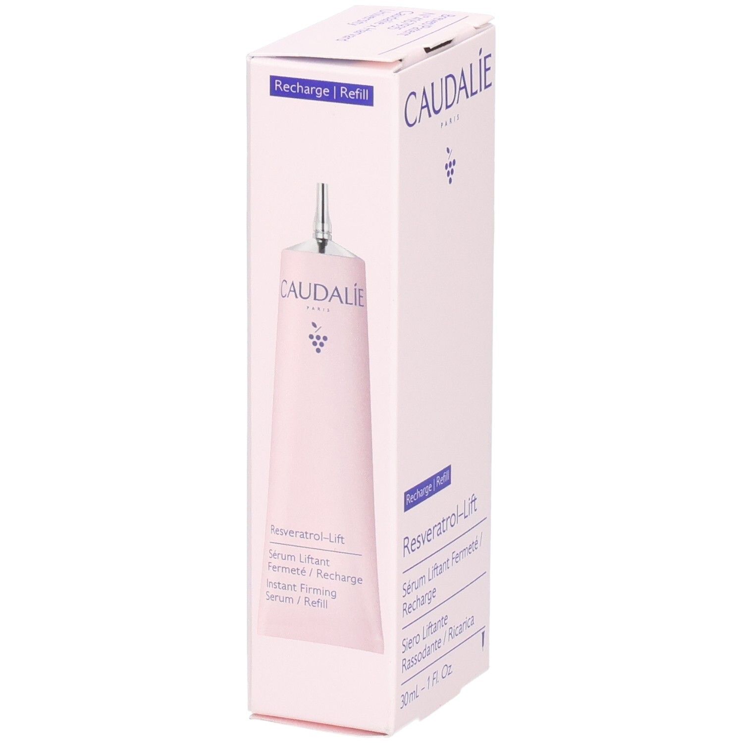 Weiße Verpackung mit CAUDALIE-Logo und Resveratrol-Lift. Enthält eine Tube. Text: Sérum Liftant, 30ml.