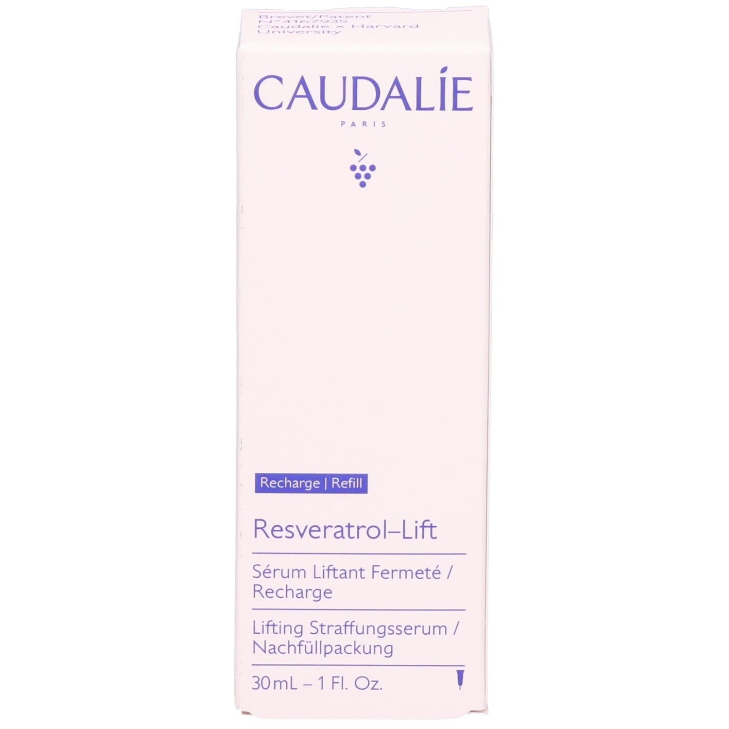 Weiße Verpackung mit CAUDALIE-Logo und Resveratrol-Lift. Text: Sérum Liftant, 30ml. Nachfüllpackung.