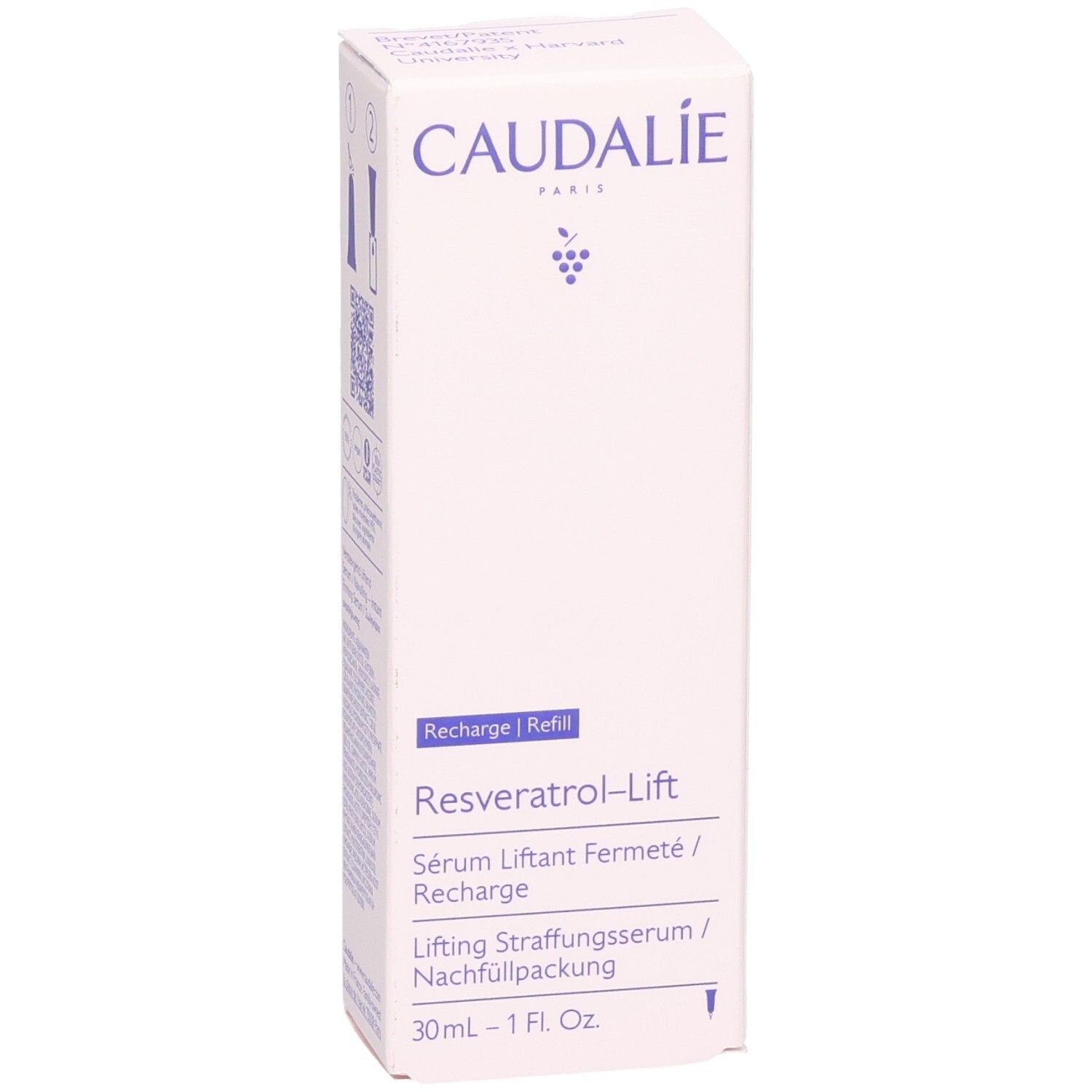 Weiße Verpackung mit CAUDALIE-Logo und Resveratrol-Lift. Text: Sérum Liftant, 30ml. Nachfüllpackung.