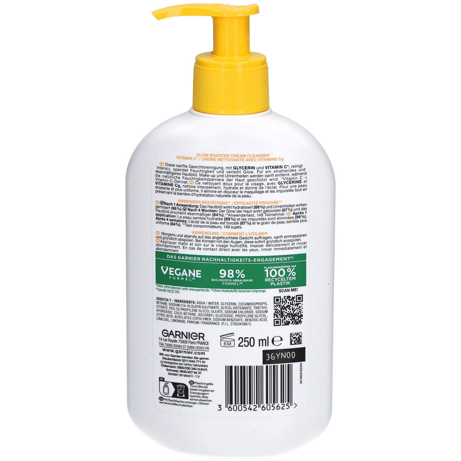 Dos du flacon. Texte: GARNIER, ingrédients, 250 ml, vegan, 98% plastique recyclé. Code QR et autres informations.