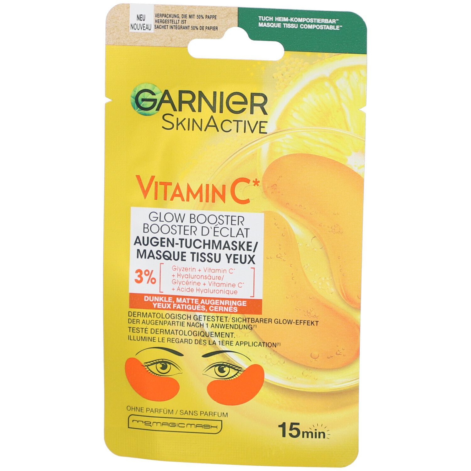 Emballage jaune Garnier. Masque tissu yeux, vitamine C. Pads oranges. Texte: Glow Booster, 3%. Illustration d'yeux avec pads.