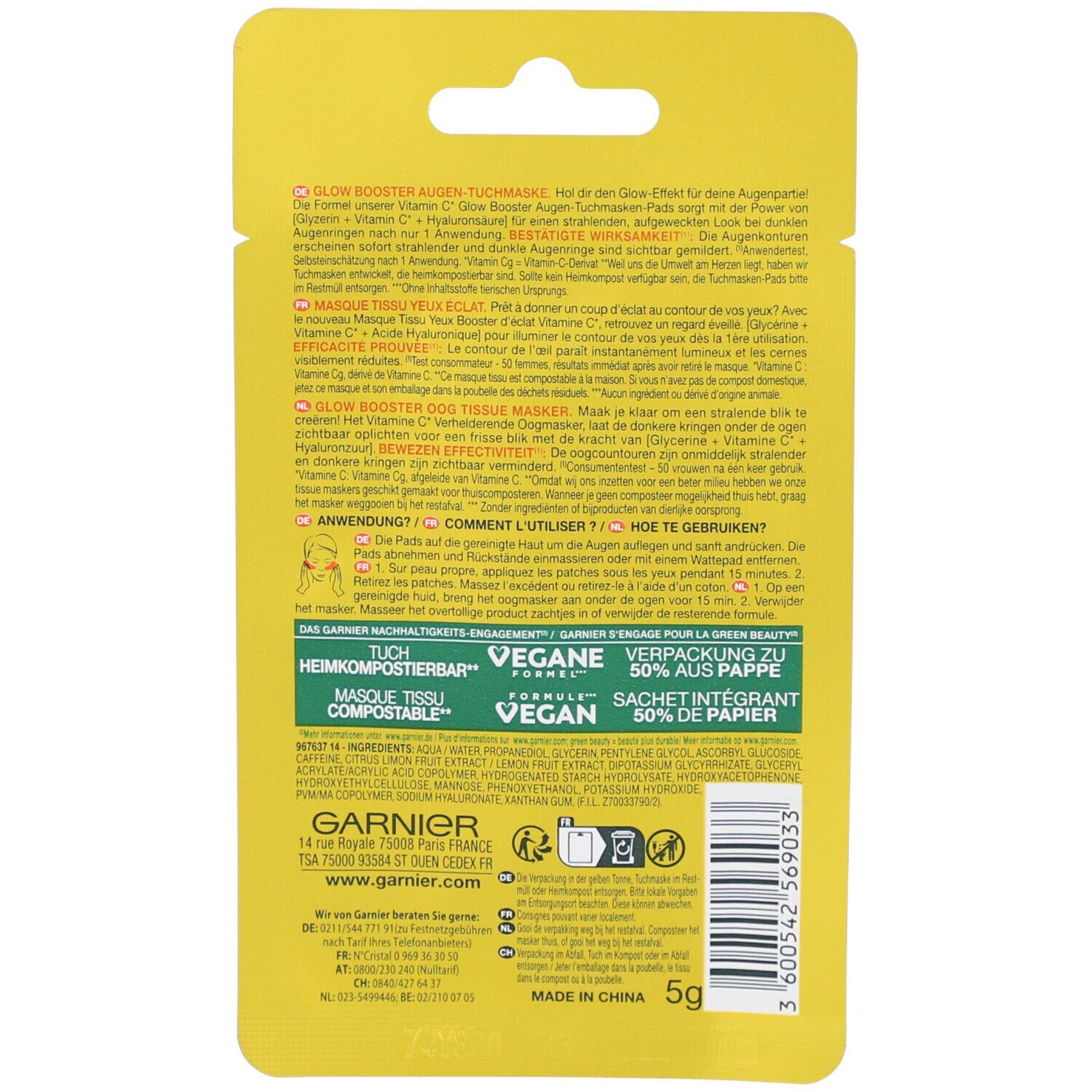 Dos de l'emballage jaune Garnier. Texte: Glow Booster, Masque tissu yeux, ingrédients, vegan, 5g. Symboles de recyclage.