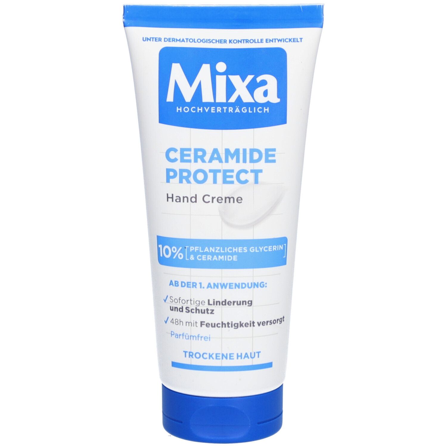 Tube de crème pour les mains Mixa Ceramide Protect. Blanc, bleu. Texte : 10% glycérine végétale et céramide. Pour peau sèche.