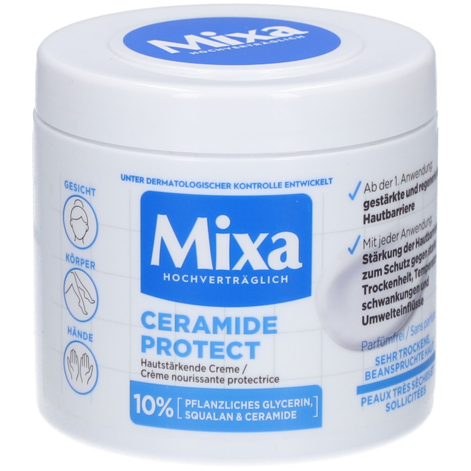 Weißer Tiegel mit blauem Deckel. Aufschrift: Mixa Ceramide Protect. 10% pflanzliches Glycerin, Squalane & Ceramide. Für sehr trockene Haut.