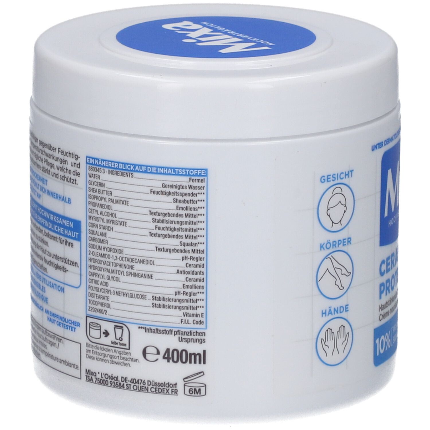 Weißer Tiegel. Rückseite mit Inhaltsstoffen und Informationen. Aufschrift: Mixa, 400ml. Mit Symbolen für Anwendung und Recycling.