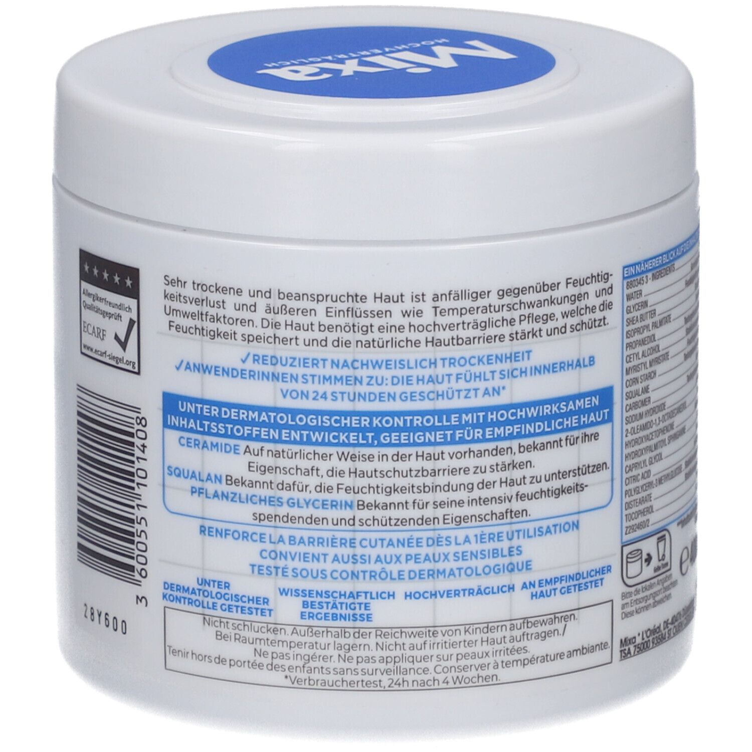 Weißer Tiegel. Rückseite mit Text. Aufschrift: Unter dermatologischer Kontrolle entwickelt. Mit Ecarf-Siegel und Barcode.