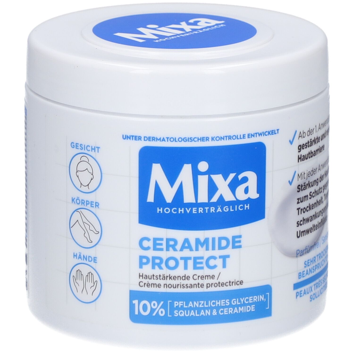 Weißer Tiegel mit blauem Deckel. Aufschrift: Mixa Ceramide Protect. 10% pflanzliches Glycerin, Squalane & Ceramide. Für sehr trockene Haut.