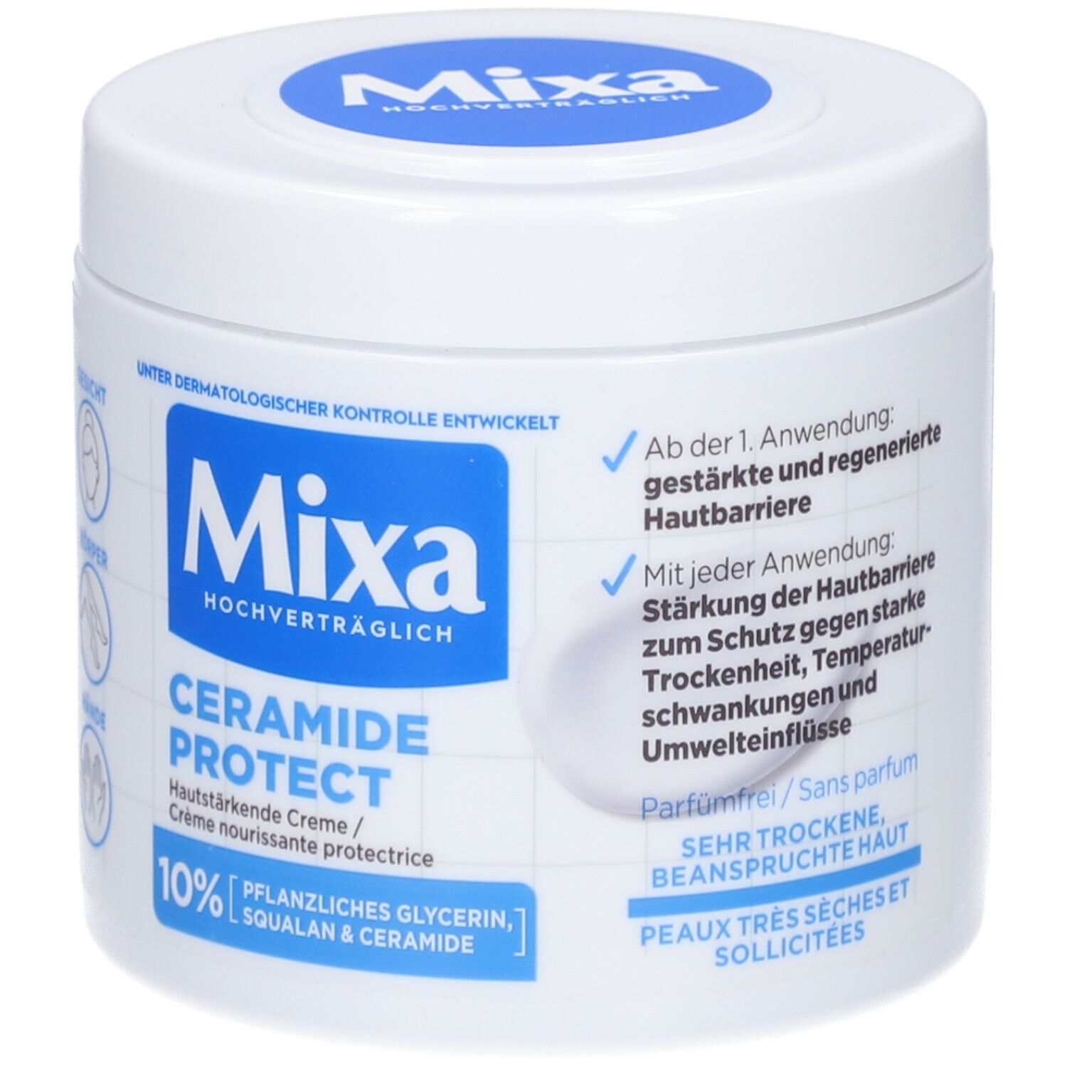 Weißer Tiegel mit blauem Deckel. Aufschrift: Mixa Ceramide Protect. Für sehr trockene, beanspruchte Haut. Ohne Parfum.