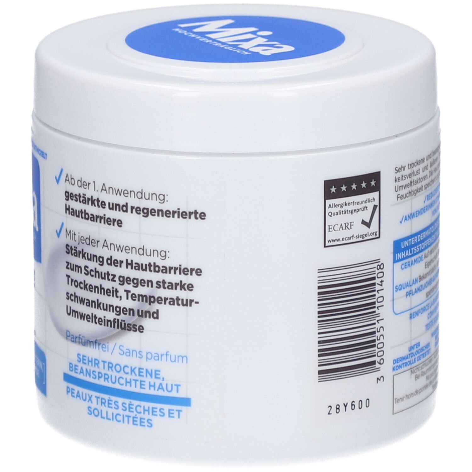 Weißer Tiegel. Rückseite mit Text und Ecarf-Siegel. Aufschrift: Mixa Ceramide Protect. Für sehr trockene, beanspruchte Haut.