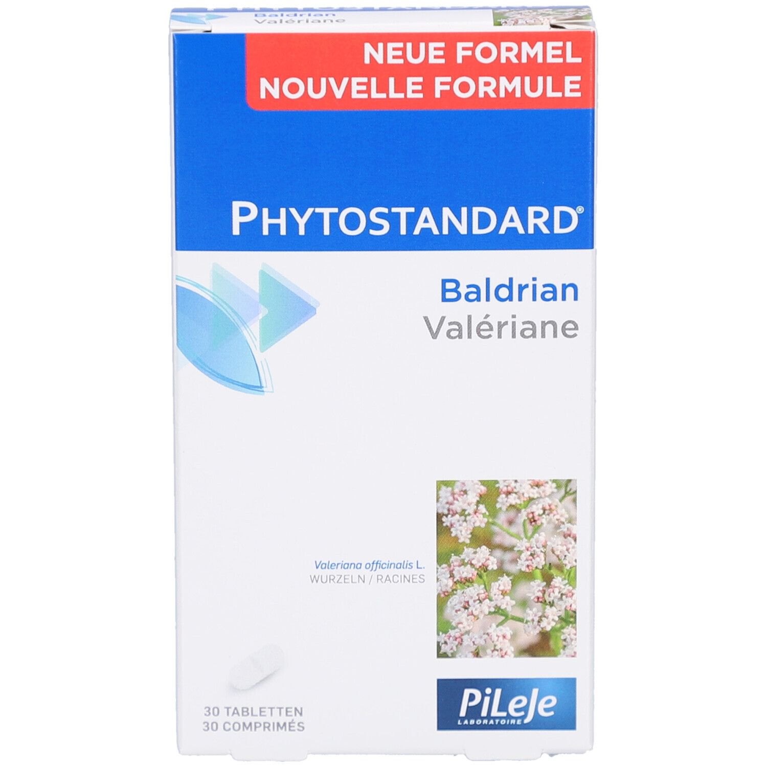 Boîte PHYTOSTANDARD Baldrian. Texte: Nouvelle Formule, Baldrian Valériane, 30 comprimés. Image de fleurs. Logo Pileje.