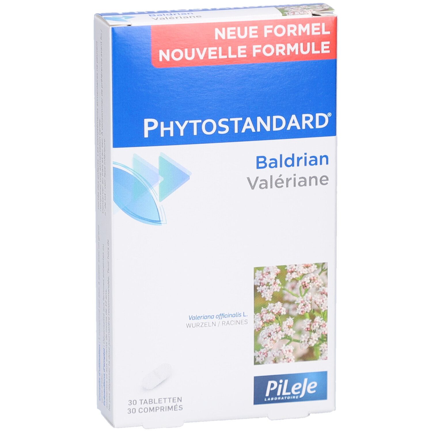 Boîte PHYTOSTANDARD Baldrian. Texte: Nouvelle Formule, Baldrian Valériane, 30 comprimés. Image de fleurs. Logo Pileje.