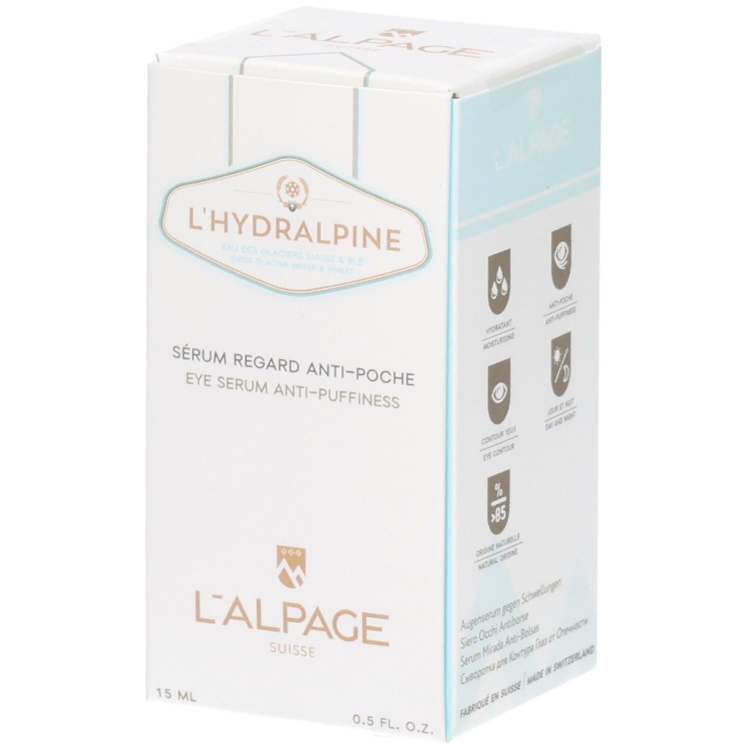 Karton L'ALPAGE L'Hydralpine Augenserum. Weiße Verpackung mit Produktinformationen und Icons.