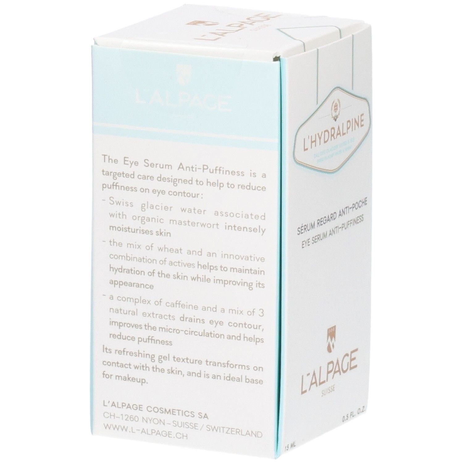 Karton L'ALPAGE L'Hydralpine Augenserum. Text auf der Verpackung, Produktbeschreibung und Inhaltsstoffe.