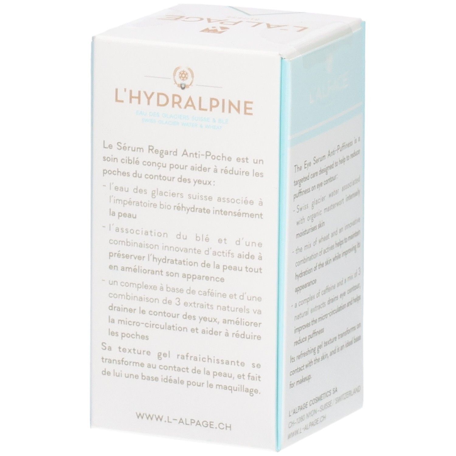 Karton L'ALPAGE L'Hydralpine Augenserum. Text auf der Verpackung, Produktbeschreibung und Inhaltsstoffe.