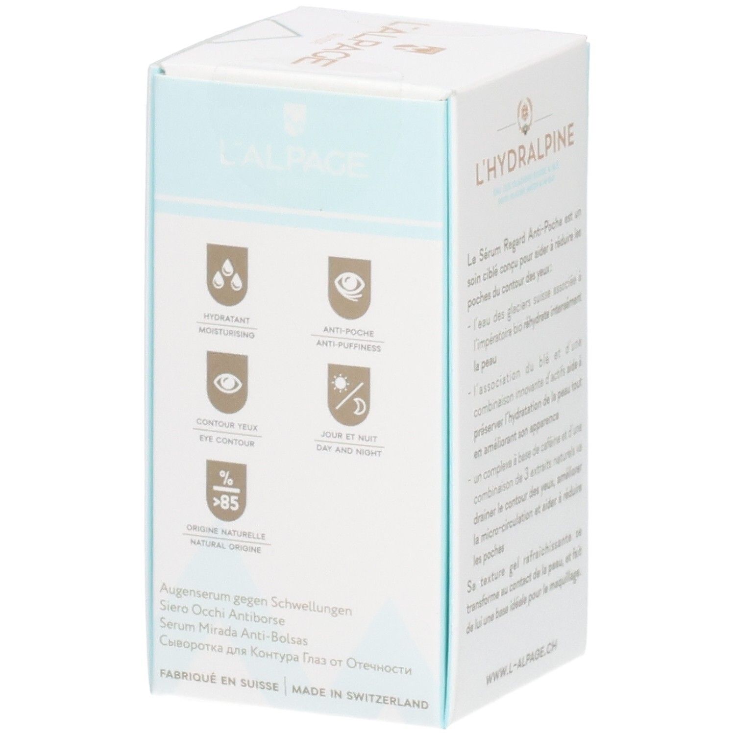 Karton L'ALPAGE L'Hydralpine Augenserum. Verpackung mit Icons und Produktinformationen.