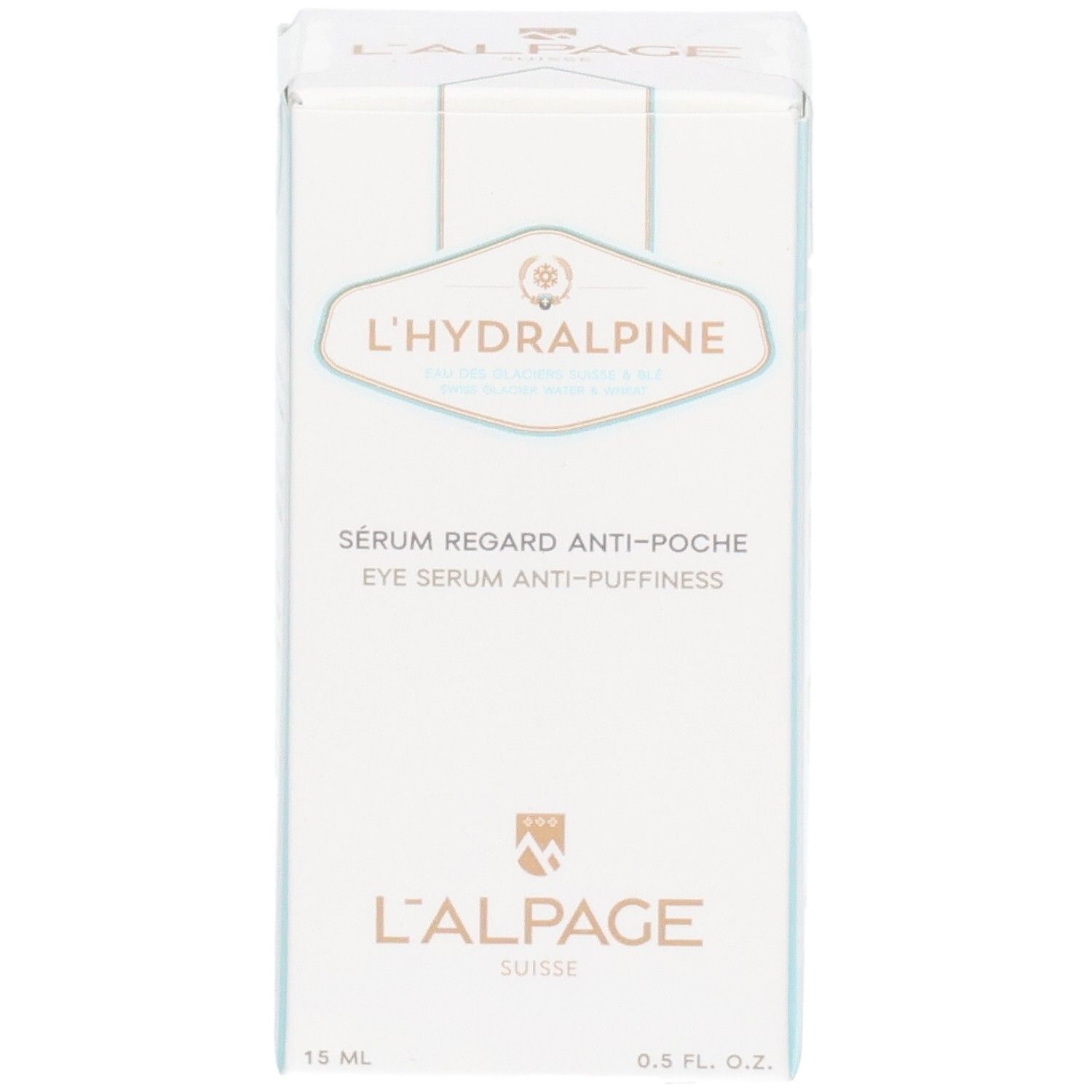 Karton L'ALPAGE L'Hydralpine Augenserum. Weiße Verpackung mit Produktnamen und Logo.
