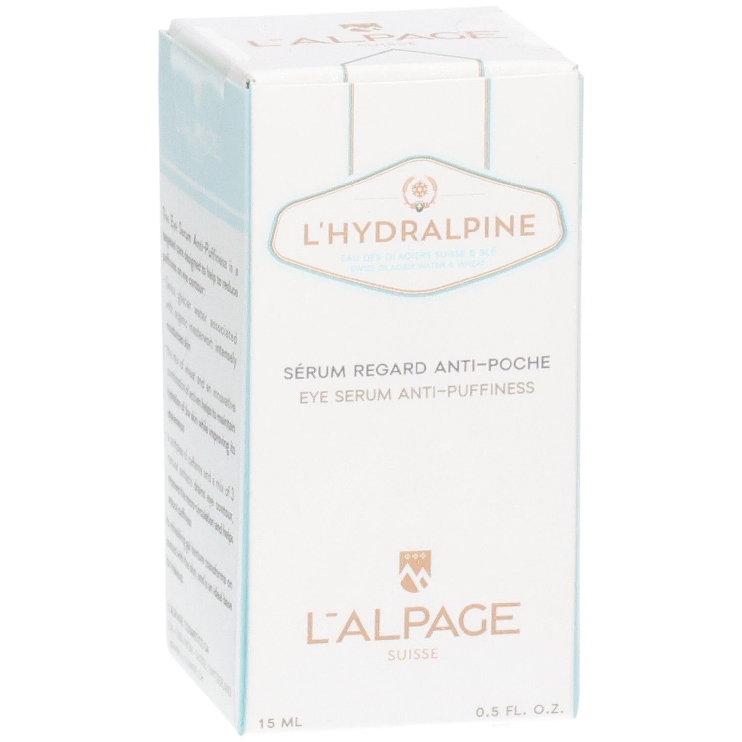 Karton L'ALPAGE L'Hydralpine Augenserum. Weiße Verpackung mit Produktnamen und Logo.
