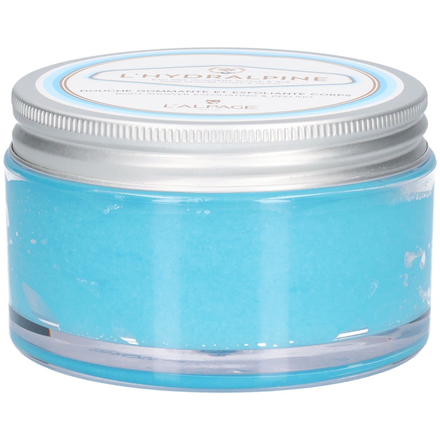 Pot cylindrique de gommage bleu. Couvercle argenté avec informations produit. Récipient en verre.