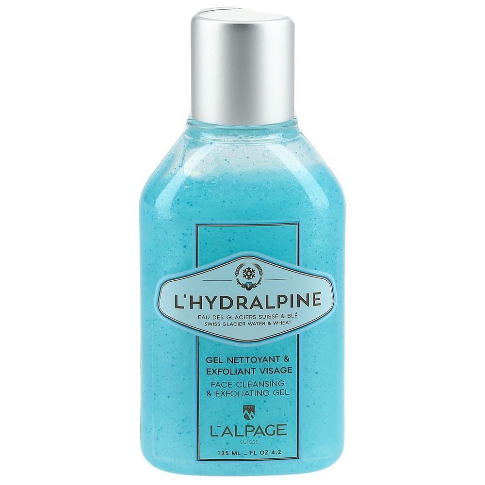Blaues Gel in einer Flasche mit silbernem Deckel. Aufschrift: L'Hydralpine, Gel Nettoyant & Exfoliant Visage, Face Cleansing & Exfoliating Gel.