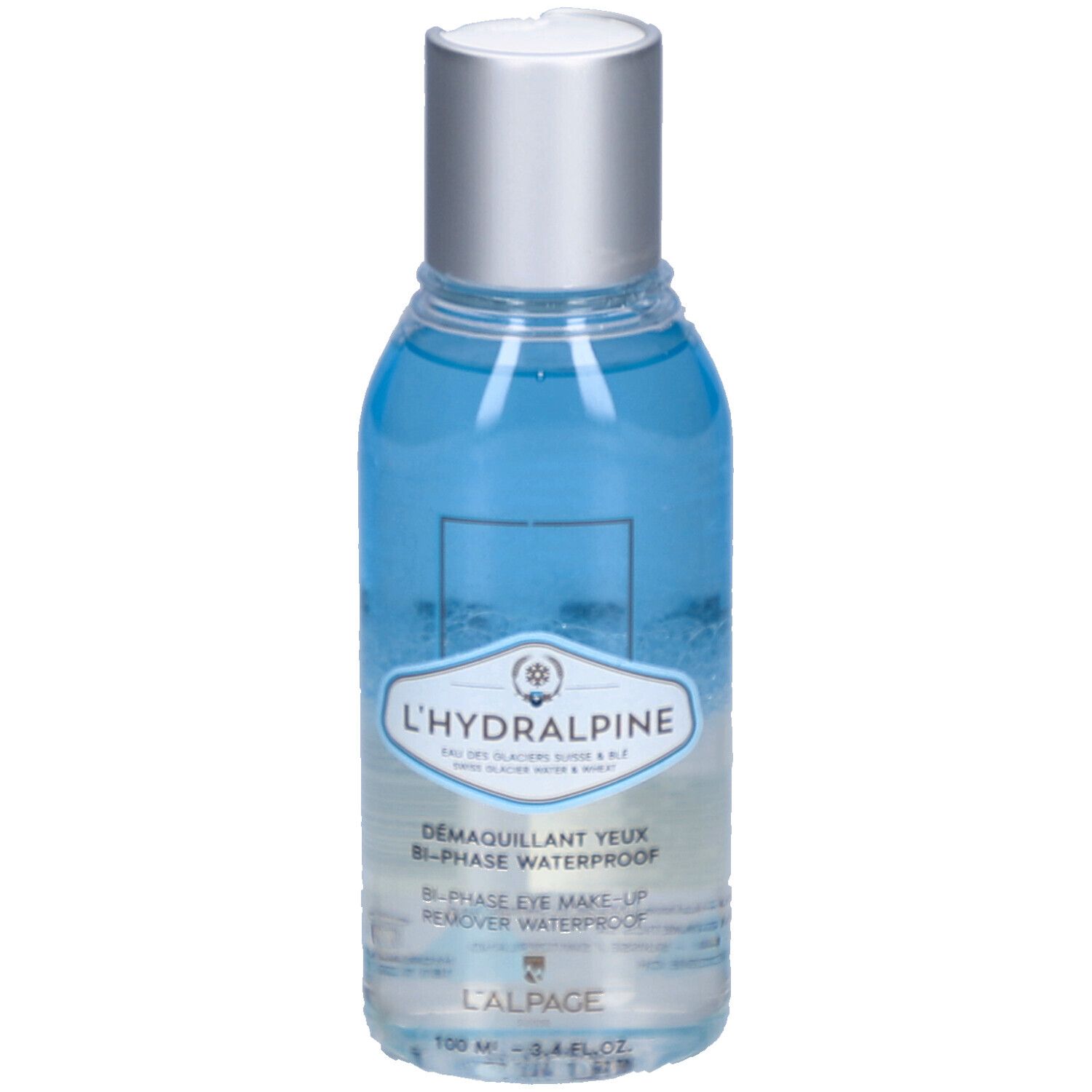 Flasche mit blauem und klarem Inhalt. Silberner Deckel. Aufschrift: L'Hydralpine, Démaquillant Yeux Bi-Phase Waterproof.