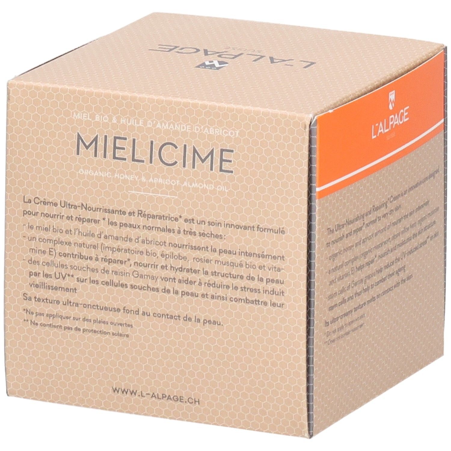 Boîte L'ALPAGE Mielicime. Description textuelle sur le côté. Nom du produit et marque. Motif en nid d'abeille.