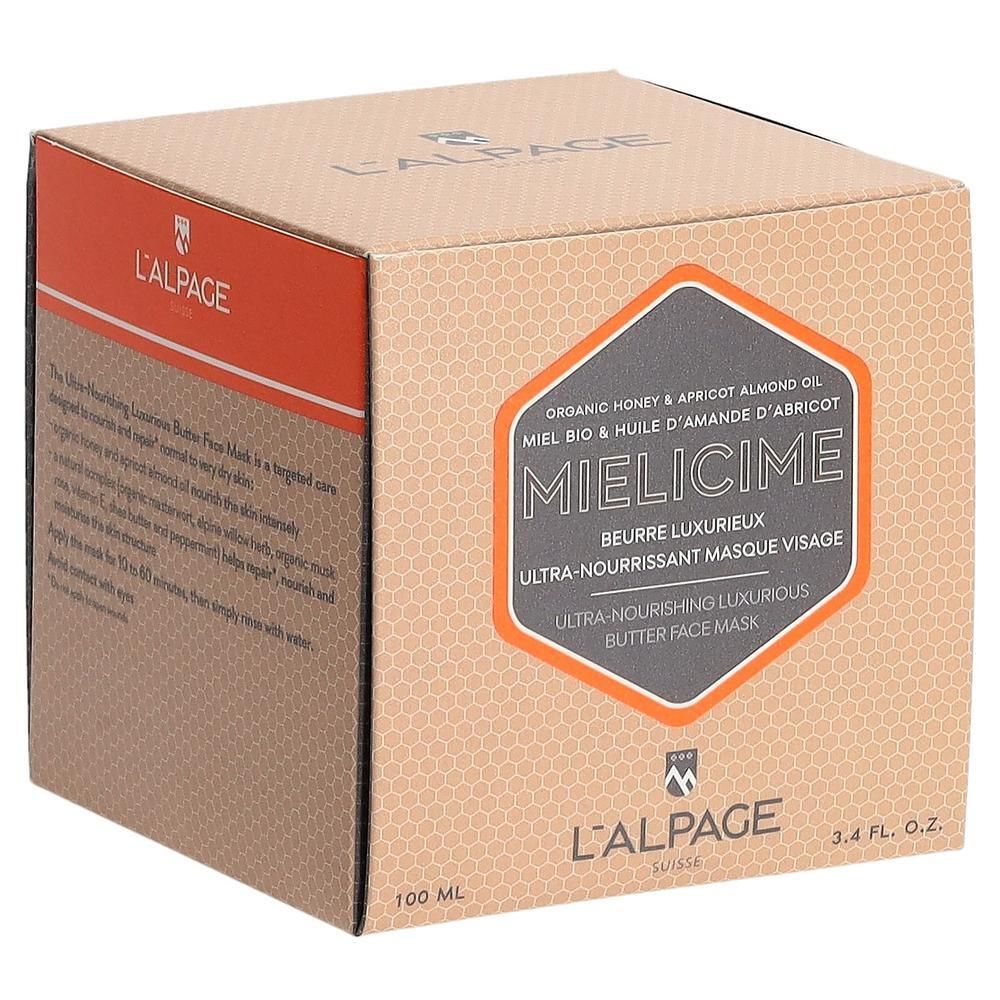 Karton mit Produktaufdruck. Text: Mielicime, Ultra-pflegende Gesichtsmaske. Marke: L'ALPAGE. Honig & Aprikosenkernöl.