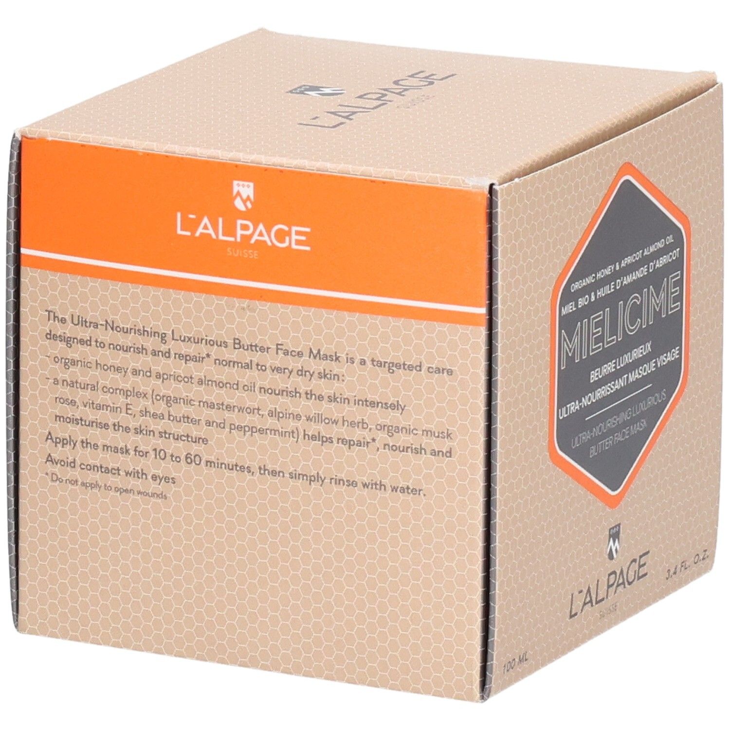 Karton mit Text. Produkt: Ultra-pflegende Luxus-Butter-Gesichtsmaske. Marke: L'ALPAGE. Text über Inhaltsstoffe und Anwendung.