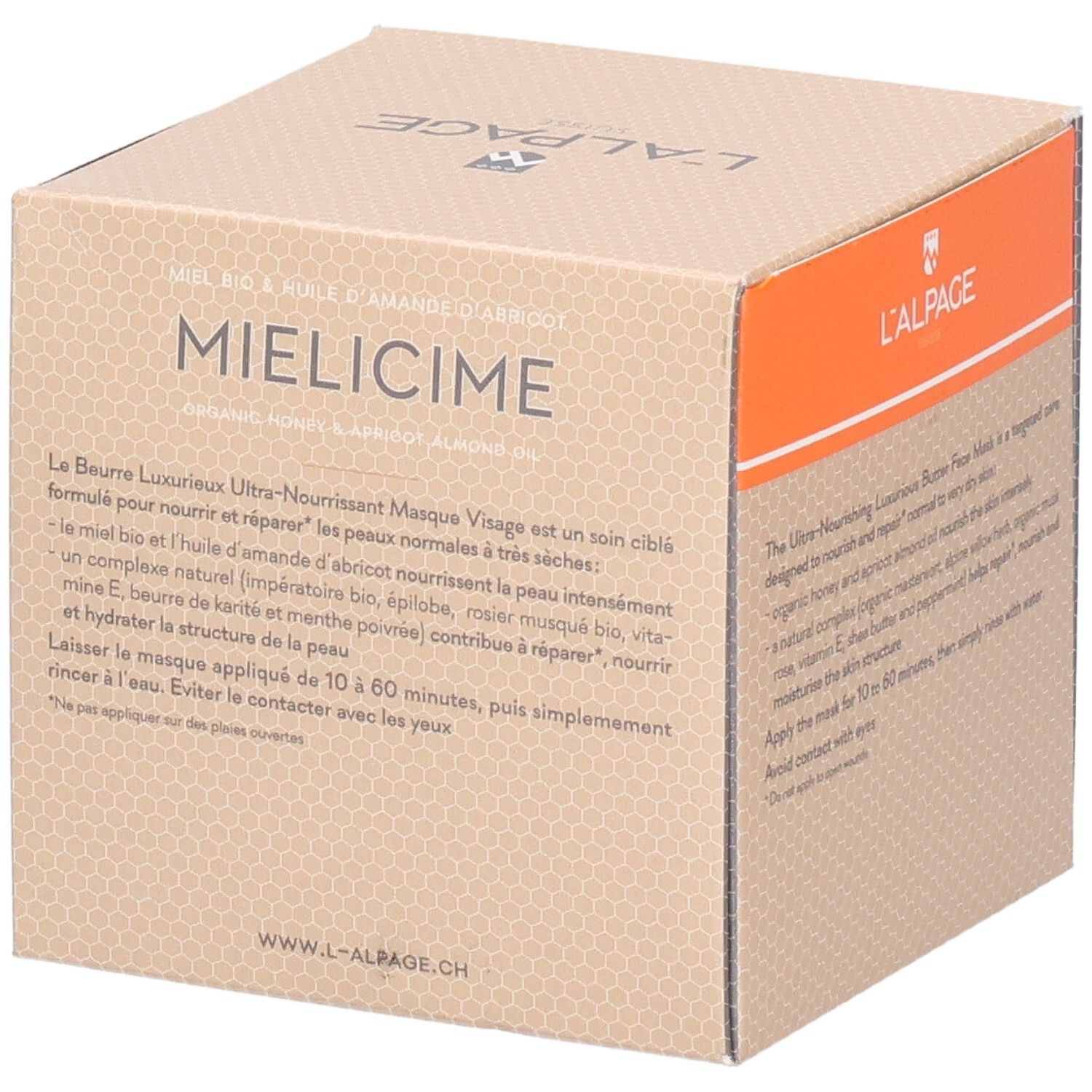Karton mit Text. Produkt: Ultra-pflegende Gesichtsmaske. Marke: L'ALPAGE. Text über Inhaltsstoffe und Anwendung. Hergestellt in der Schweiz.