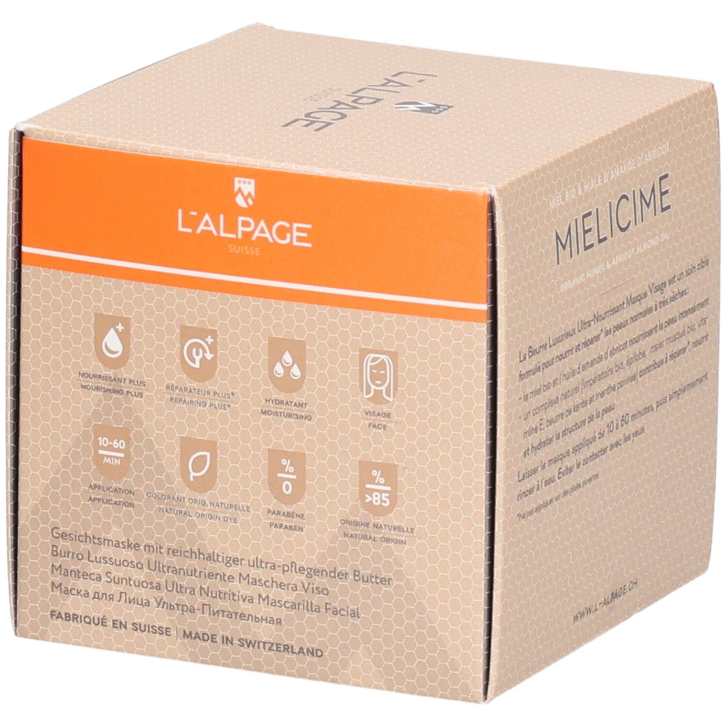 Karton mit Icons. Produkt: Gesichtsmaske. Marke: L'ALPAGE. Icons für Inhaltsstoffe und Eigenschaften. Hergestellt in der Schweiz.